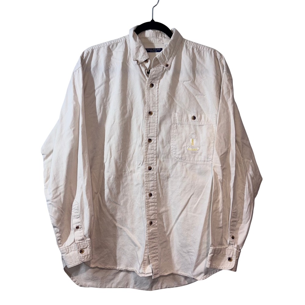 Vintage Embroidered Crest Bugle Boy Button Down Shirt Mens L Cream